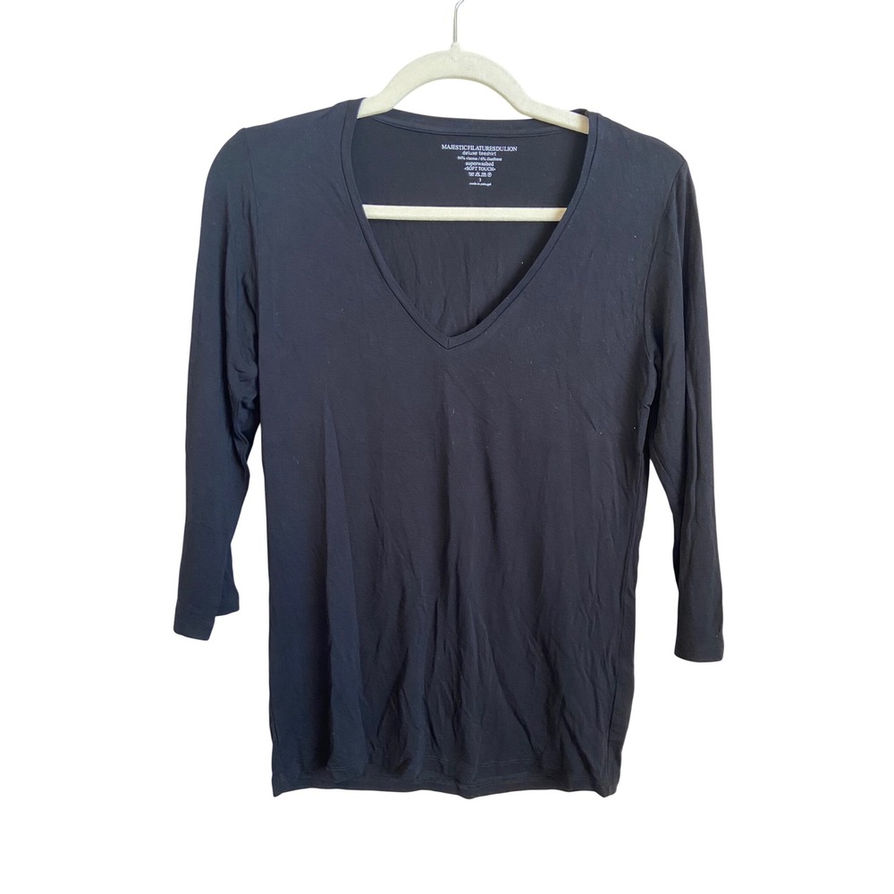 Majestic Filatures Deluxe Teeshirt Black V-Neck 3/4 Sleeve Soft Touch Size M